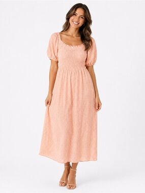 nlt Size Medium Peach Puff Sleeve Smocked Midi Dress‎